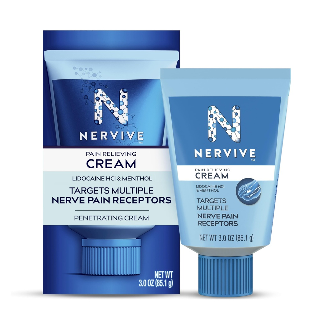 Nervive Pain Relieving Cream, Max Strength Non-Greasy Topical Pain Reliever with Lidoka and Menthol for Toes, Feet, Fingers, Hands, Legs & Arms, 3.0oz