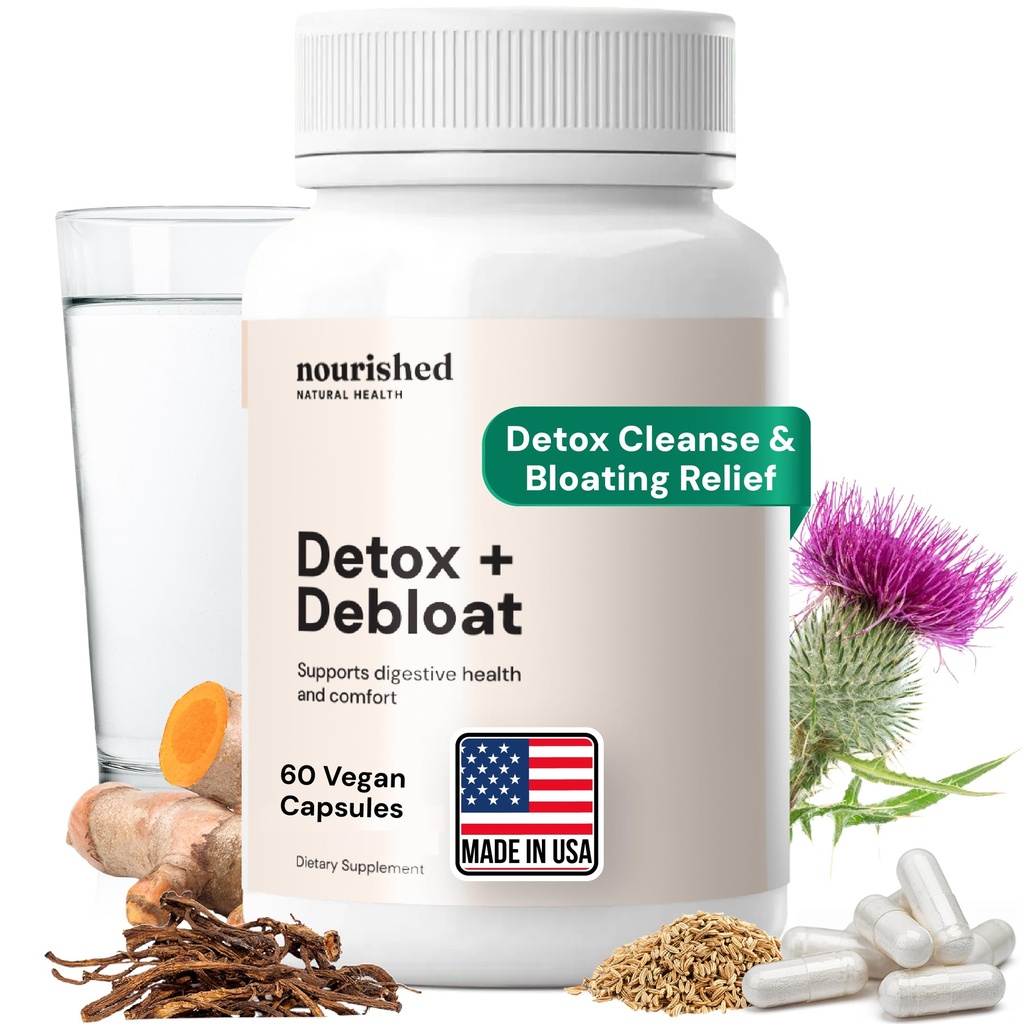 Nourished Natural Health Detox + Debloat - Milk Butle & Dandelion Root Vegan Supplement for Women - Bloating Relief & Digestion Support - 60 Capsules