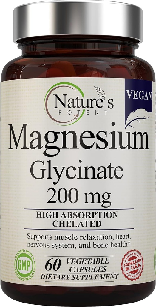Doğanın Potent Magnezyum Glycinate 200 mg | Yüksek Abhidrasyon Chelated Magnezyum | Uyku, Calm & Kas Cramp Desteği | Vegan Tamam | 60 Capsules