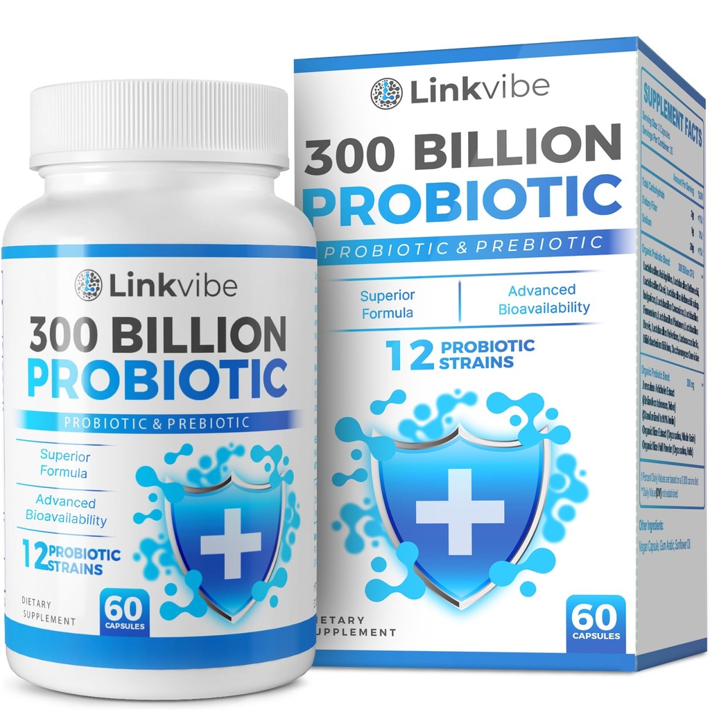 Probiyotik 300 Milyar CFU - Digestive & Gut için Organik Prebiyotiklerle 12 Strains, Immune, Bloating Health - Probiyotiks for Women and Men - Daily Dairy Free, Raf Stable - 60 Counts