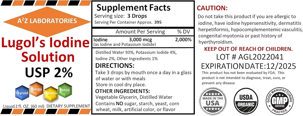 2 x 2 OZ Pack A2Z Organic Lugol's Iodine and Potassium Iodide 2% Solution 3000 mcg - Liquid Supplement Drops for Thyroid Support for Women & Men, Metabolism Health, Detox Boost -2X 2 Fl Oz/USA