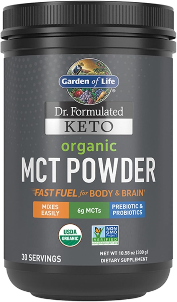 Yaşam Bahçesi Dr. Formulated Keto Organik MCT Toz - 30 Hizmet, 6g MCTs from Coconuts Plus Prebiyotik Fiber & Probiyotiks, sertifikalı Organik, Non-GMO, Vegan, Gluten Free