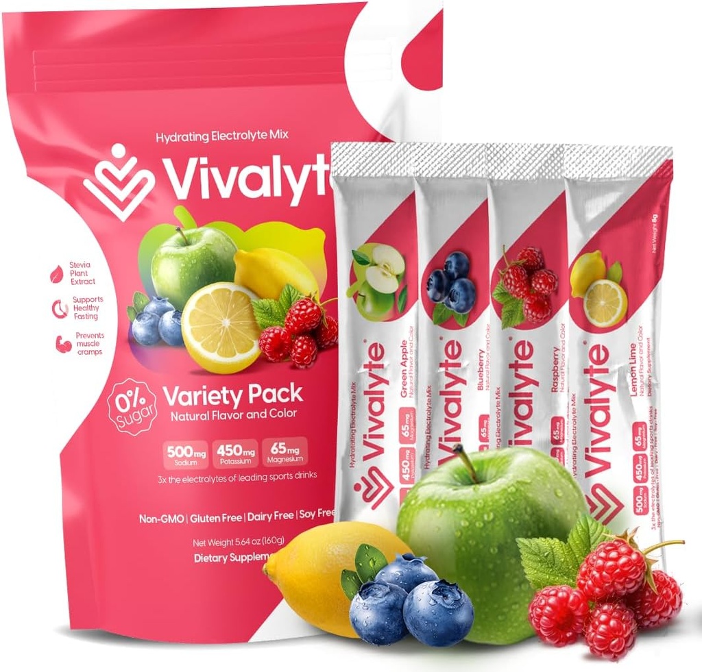Electrolyte Powder No Sugar Stevia Sweetened 100% Natural Hydration Packets - 20 Count | Sodium, Potassium Citrate & Magnesium L-Threonate (5.64, Variety Pack)