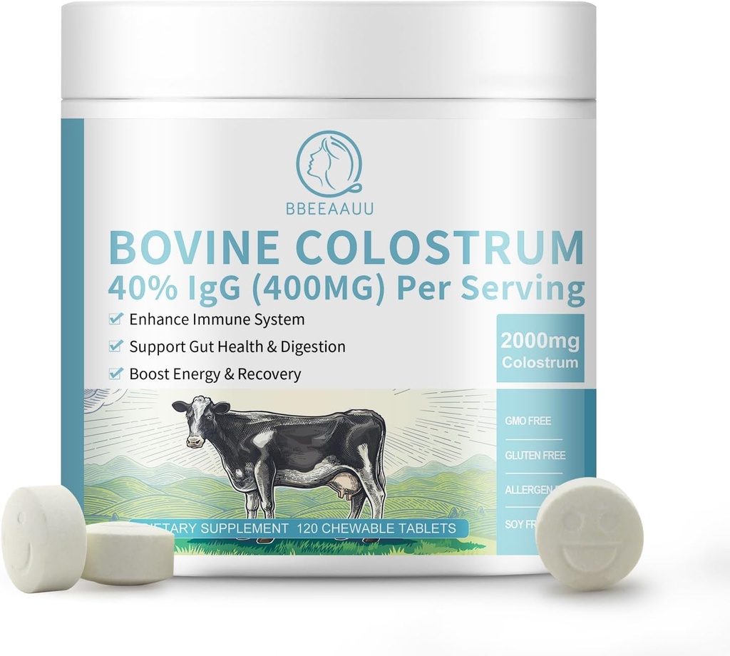 Bovine Colostrum 120 Chewable Tabletler, 2000 mg Colostrum Supplement% 40 IgG, Immune Support, Gut Health, Hair growth, Energy, 100% Grass Fed & First-Milking, Gluten-Free, Soy-Free