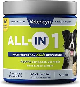 Vetericyn All-in 1 Multifunctional Dog Supplement | Digestive Enzymes + Glucosamine and Chondroitin for Bone and Joint Support + Vitamins, Antioxidants, Prebiotics, Probiotics, and Omegas. 90 Count
