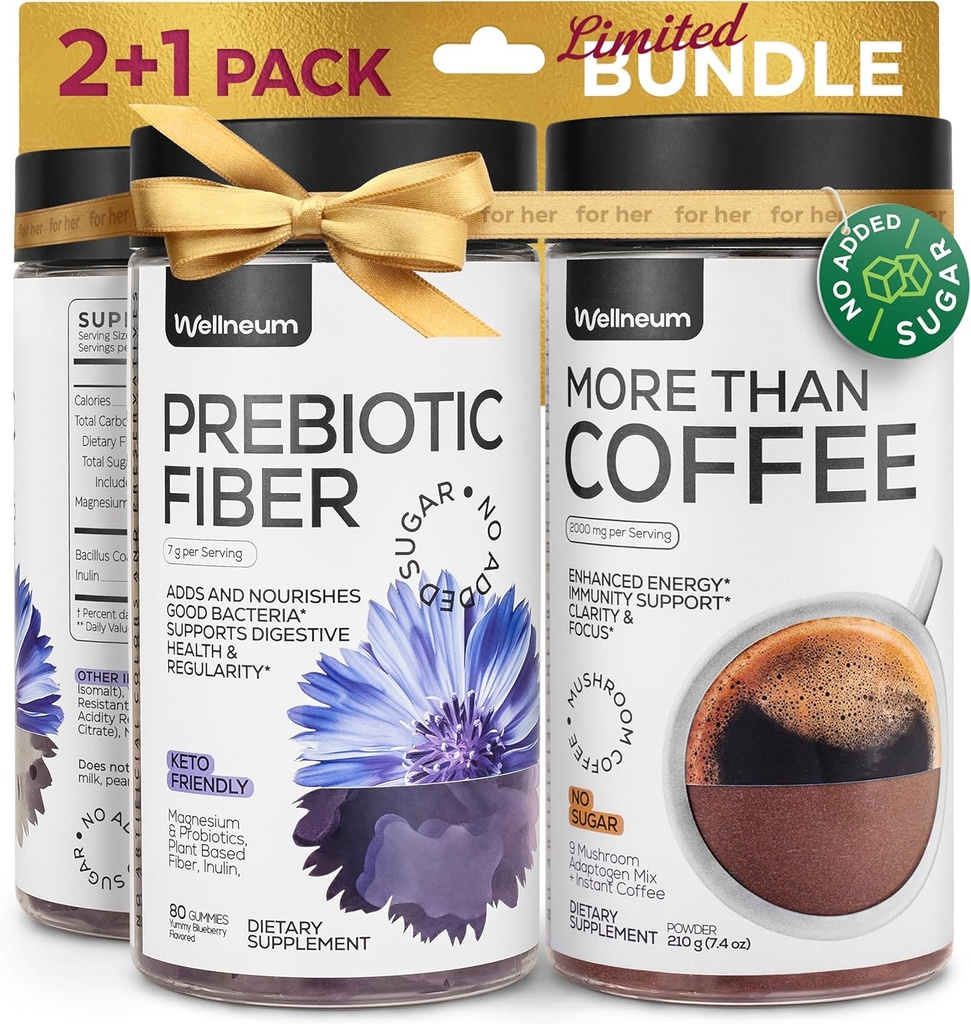Mushroom Coffee ve High Prebiyotik Fiber Gummies Sche - 9 Mushroom Adaptogen Mix, Diyetsel Fiber 7G, Probiyotik - Instant Mushroom Coffee and Fiber Chews for Immunity, Gut Health - for Men and Women