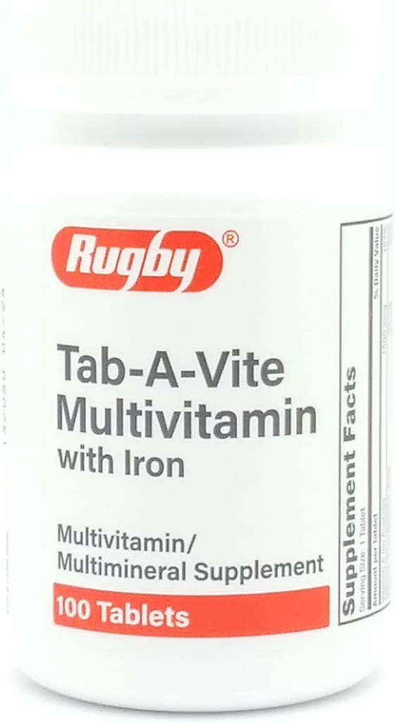 Rugby Laboratories Tab- A- Vite Πολυβιταμίνη με Σιδήρου Multimineral Supplement Βιταμίνη Α, C, D Thiamin Riboflavin Niacin Folate Pantothenic Acid 100 Tablets (Pack of 1)
