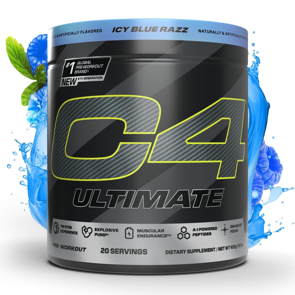 Hücre C4 Ultimate Pre Workout Toz - Sugar Free Preworkout Energy Supplement for Men & Women - 300 mg Caffeine + TeaCrine + Dynamine + Kretin - ICY Blue Razz, 20 Hizmetler