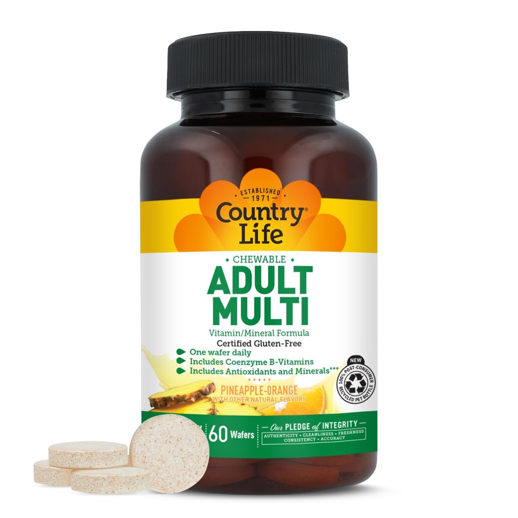 Country Life Adult Chewable Multivitamin with Coenzyme B-Vitamins, Antioksis, Minerals, Pineapple-Orange Flavor - Supports Energy Metabolism and Immune Health, Gluten Free - 60 Wafers