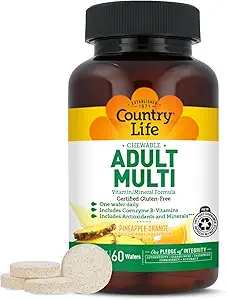 Country Life Adult Chewable Multivitamin with Coenzyme B-Vitamins, Antioxidants, Minerals, Pineapple-Orange Flavor - Υποστηρίζει τον Ενεργειακό Μεταβολισμό και την Ανοσοποιητική Υγεία, Χωρίς Γλουτένη - 60 Wafers