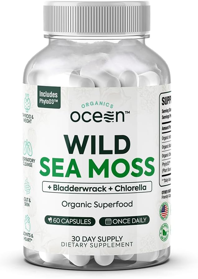 Οργανικοί Ocean Wild Sea Moss Κάψουλες - 100% Βιολογικό Ιρλανδικό Moss με Βιολογικό Chlorella, Bladderwrack και Βιταμίνη D για την ενέργεια, την υγεία του πνεύμονα και το Thyroid Υποστήριξη για γυναίκες και άνδρες - 60 κάψουλες