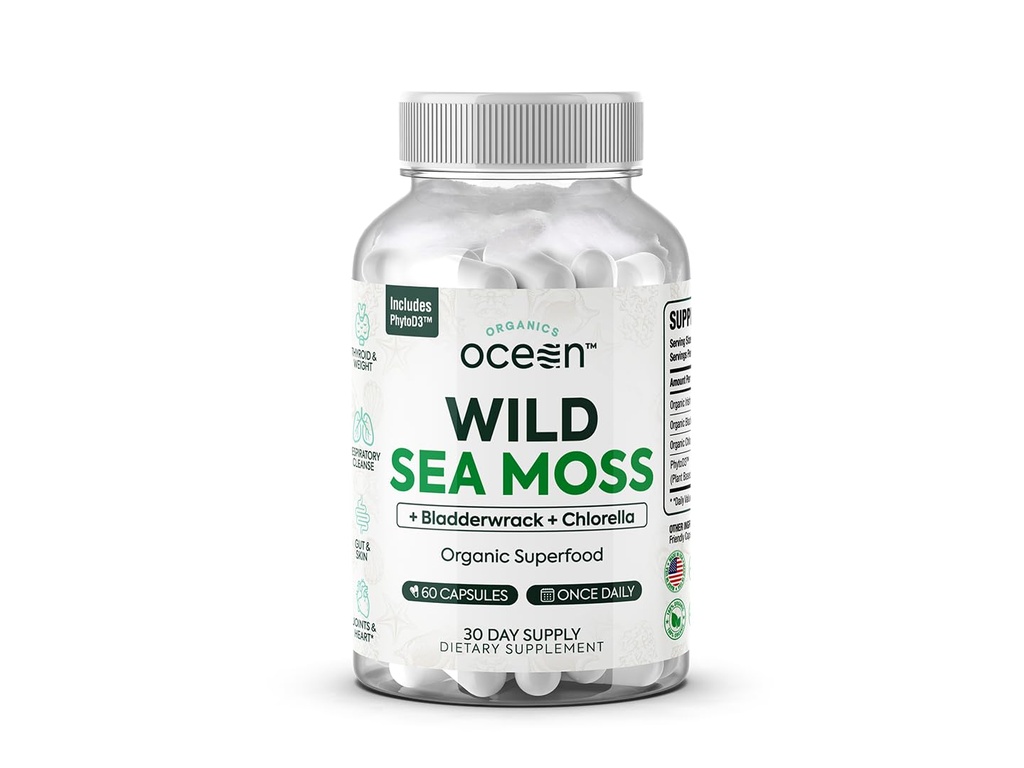 Organik Okyanus Vahşi Deniz Moss Capsules - 100 Organik İrlandalı Deniz Moss Organik Klorella, Enerji Için Suçlama ve Vitamin D, Lung Health ve Yourroid Support for Women and Men - 60 Capsules