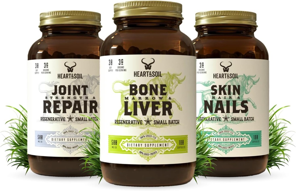 HEART & SOIL Ortak & Hareketli Stack – 3 Madde: Bone Marrow & Liver, Ortak Güçlü ve Onarım, Cilt, Saç ve Çığlık Tam-Body Wellness, Collagen Support, Flexality, and Recovery