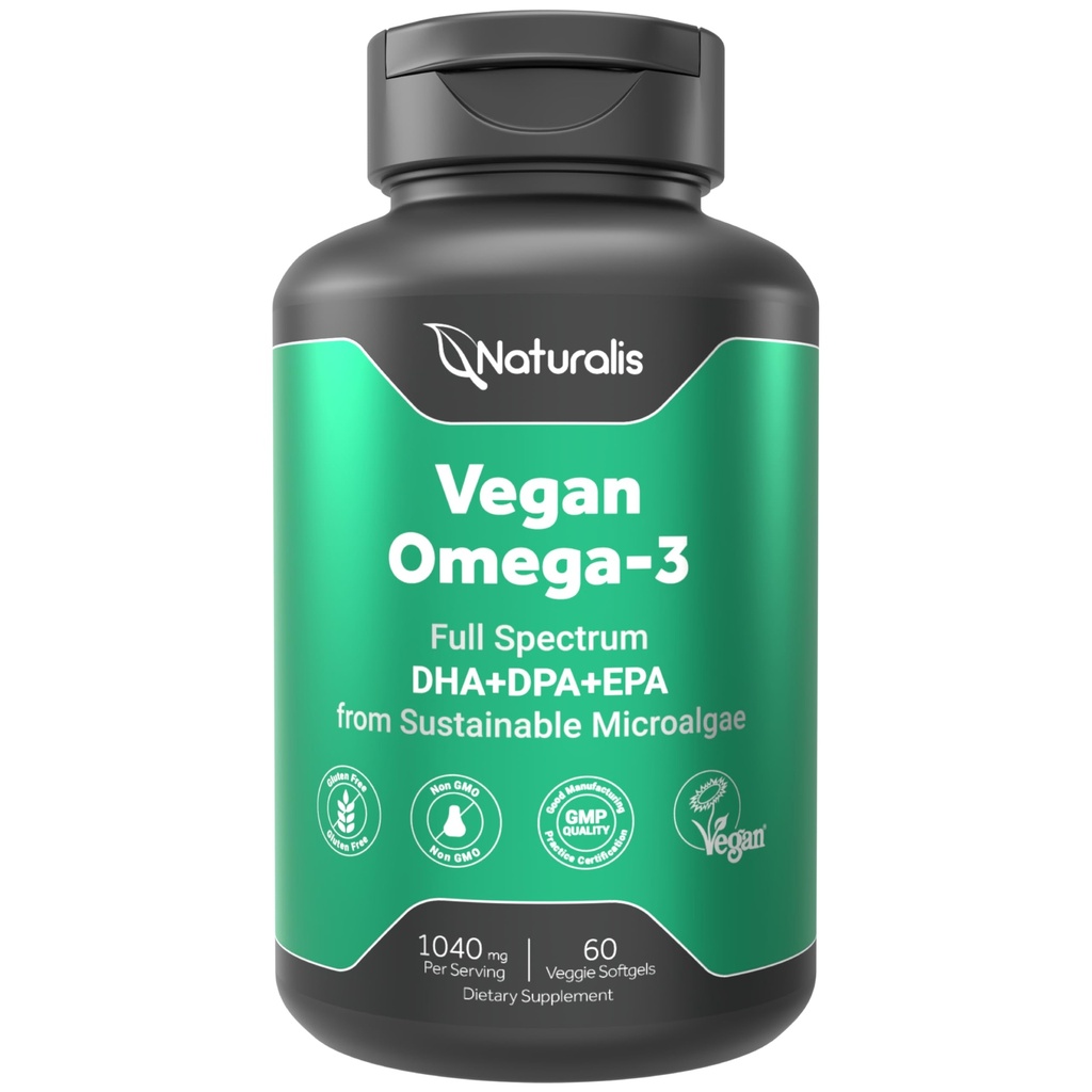 Naturalis Vegan Omega 3 DHA, EPA & DPA Algae | Vegan Society sertifikalı, Sustainable Sourced, True Full Spectrum | 60 Veggie Softgels (Carrageenan Free)