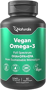 Naturalis Vegan Omega 3 DHA, EPA & DPA Algae | Vegan Society sertifikalı, Sustainable Sourced, True Full Spectrum | 60 Veggie Softgels (Carrageenan Free)