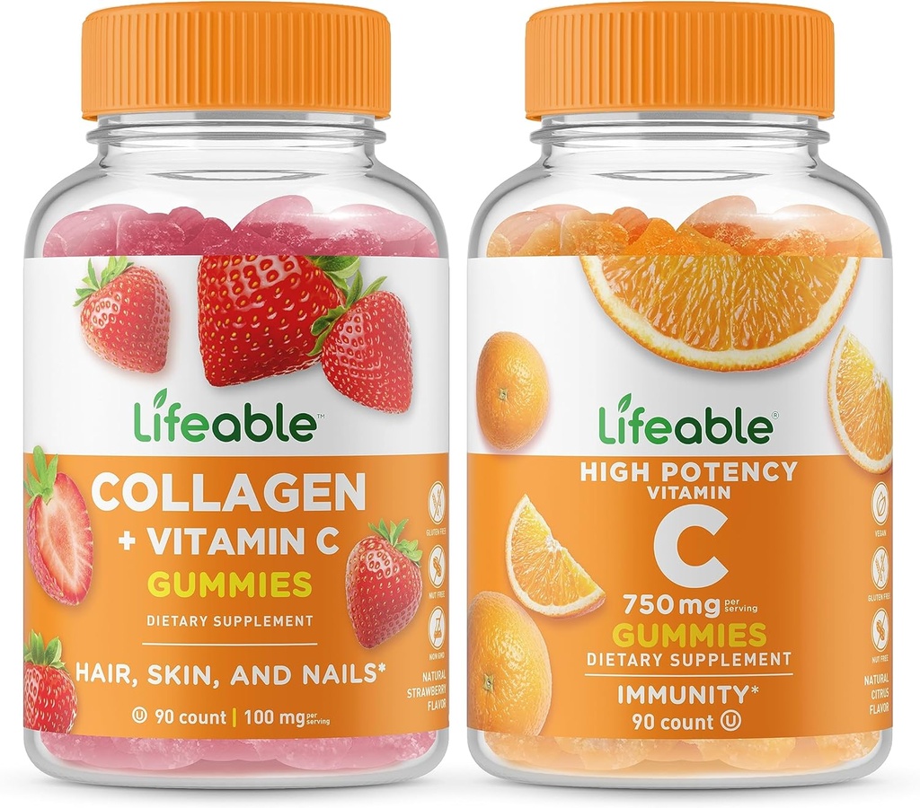 Lifeable Collagen & Vitamin C + Vitamin C 750 mg, Gummies Sche - Great Tasting, Vitamin Supplement, Gluten Free, GMO Free, Chewable Gummy