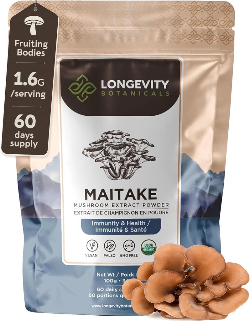 Organik Maitake Mushroom Toz Supplement 100g | Pure Fruiting Body 10:1 High Strength Extract |% 30 Beta-D Glucans | 16,600 mg Raw Equivalent Per | Immune, Metabolic & Wellness Support