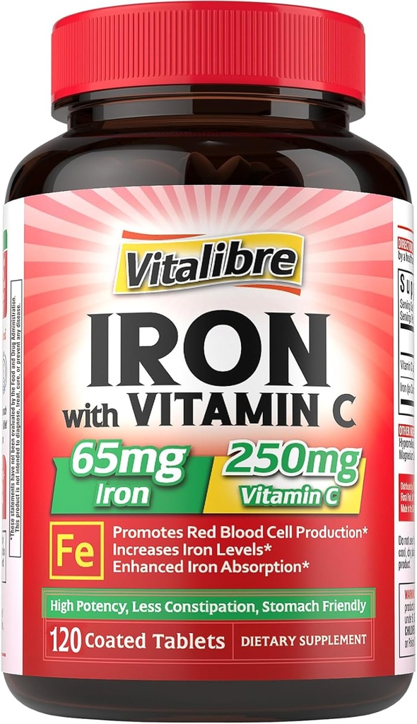 Iron Supplement 65mg C, Stomach Friendly Carbonyl Iron, High Potency & Abxia, Sağlıklı Demir & Enerji Seviyeleri için, Destekler Red Blood Hücre Üretimi, 120 Tablet