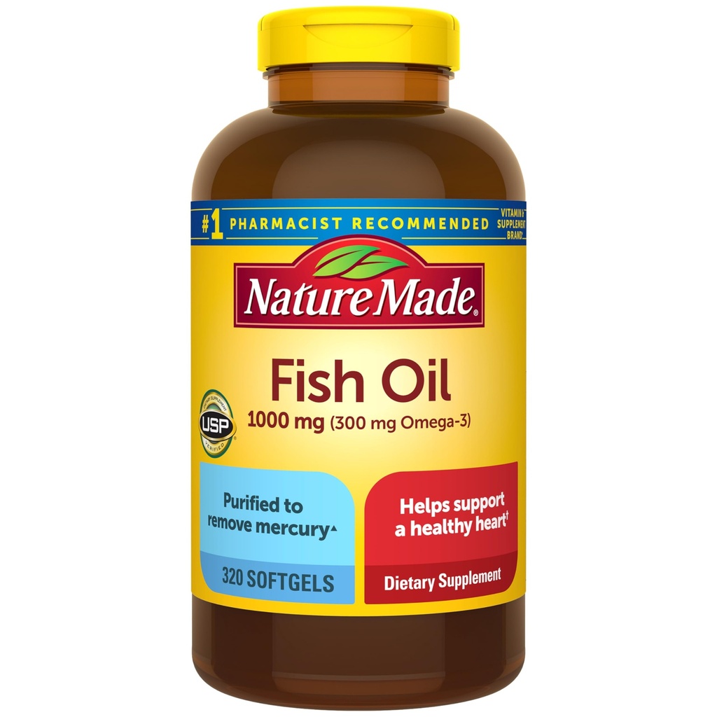Nature Made Fish Oil Omega 3 Supplements, 1000 mg Softgels, Omega 3 Fish Oil for Health Heart Support, 320 Softgels, 160 Day Supply Supply