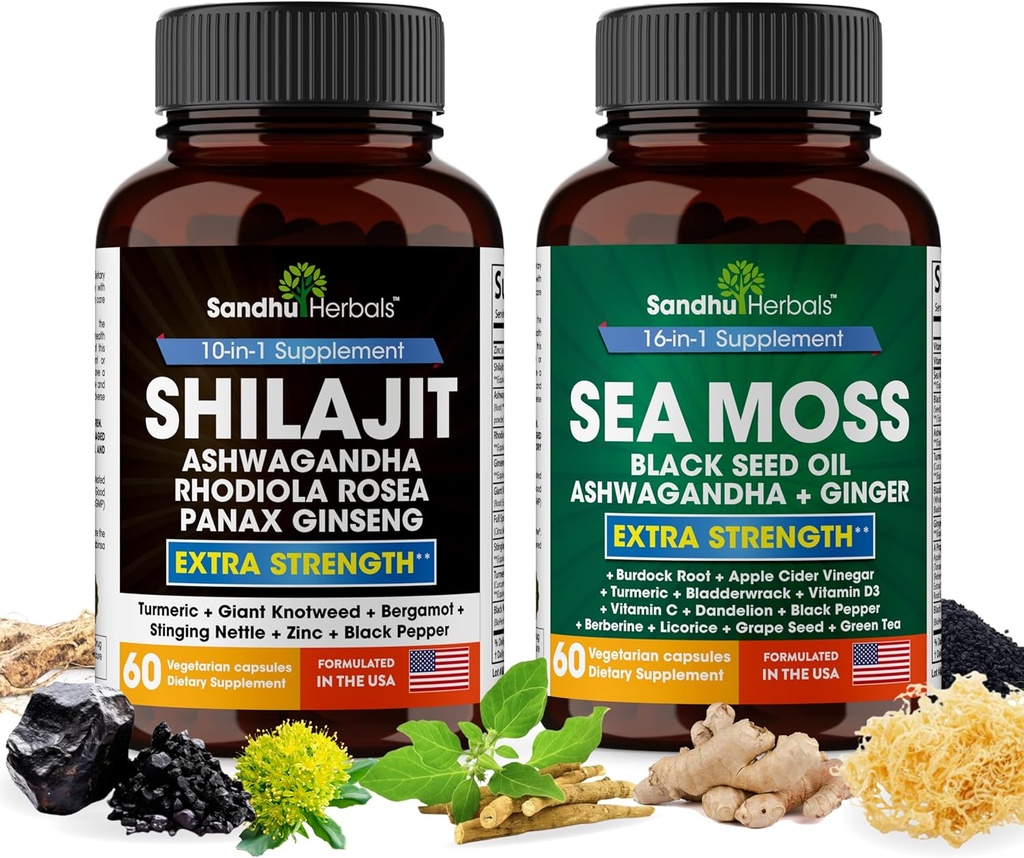 Shilajit Sea Moss Ashwagandha Combo Bundle - Μαύρο λάδι σπόρων, Turmeric, Rhodiola Rosea, Panax, Ginseng συμπλήρωμα 