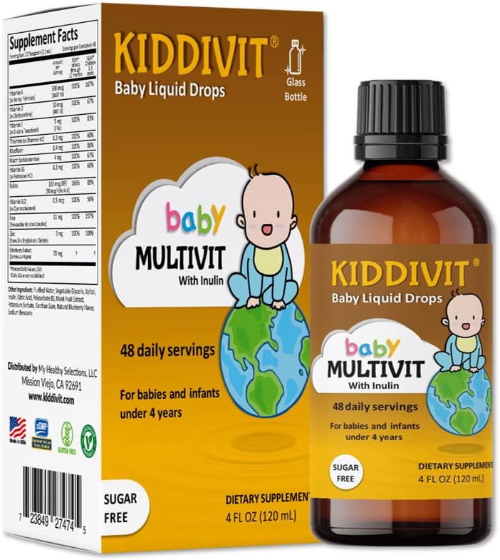 Kiddivit Bebek Inulin ile Çokvitaminli Ayaklar - 48 Günlük Hizmetler, 4 Fl Oz (120mL) - Cam Şişe - Sugar Free, Gluten Free, Vegetarian Friendly