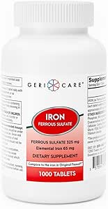 GeriCare Ferrous Sulfate Tabletler 325 mg, Elemental Iron 65 mg Yüksek Potency Iron Supplement | Yapay Renk Katkıları Diyetsel Tamam 1000 Kont. (Paket 1)