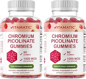 Vitamatic Chromium Picolinate 1000 mcg - 90 Gummies - High Potency Chromium - Raspberry Flavor (Total 180 Gummies) 2 Packs