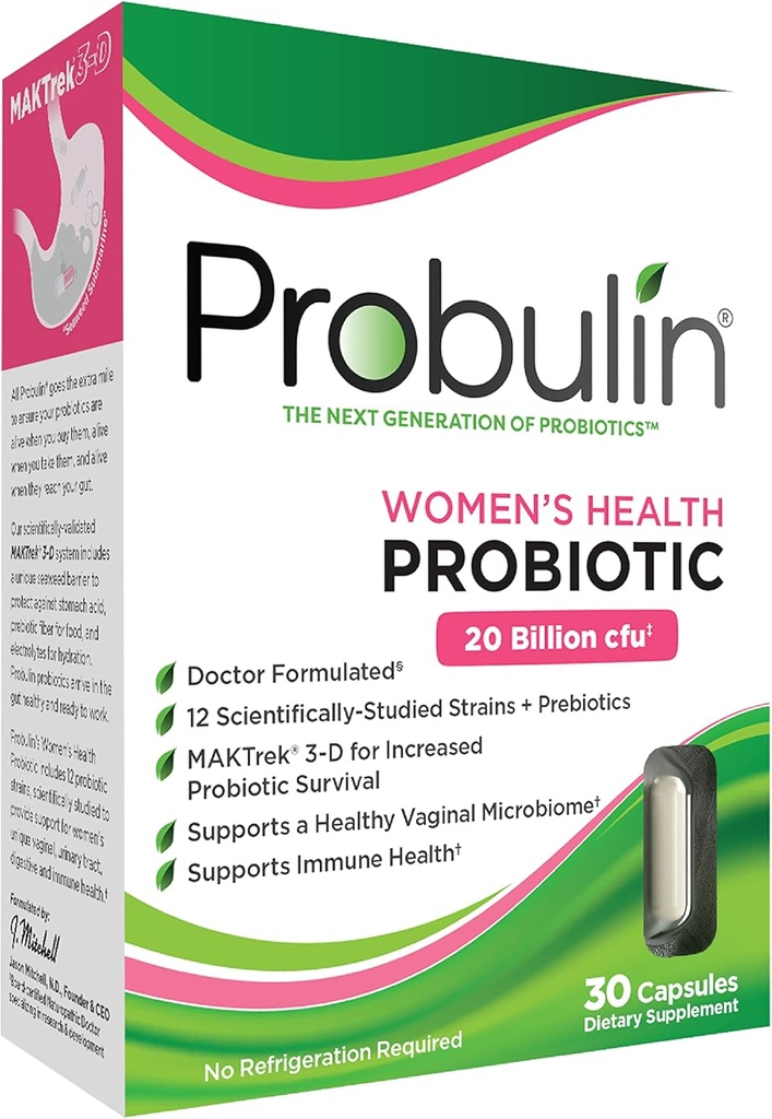 Probulin Women's Health Probiyotik + Prebiyotik for Vaginal, Gut & Immune Health - 20 Milyar CFU - 12 Probiyotik Strains, 30 Vegan Capsules