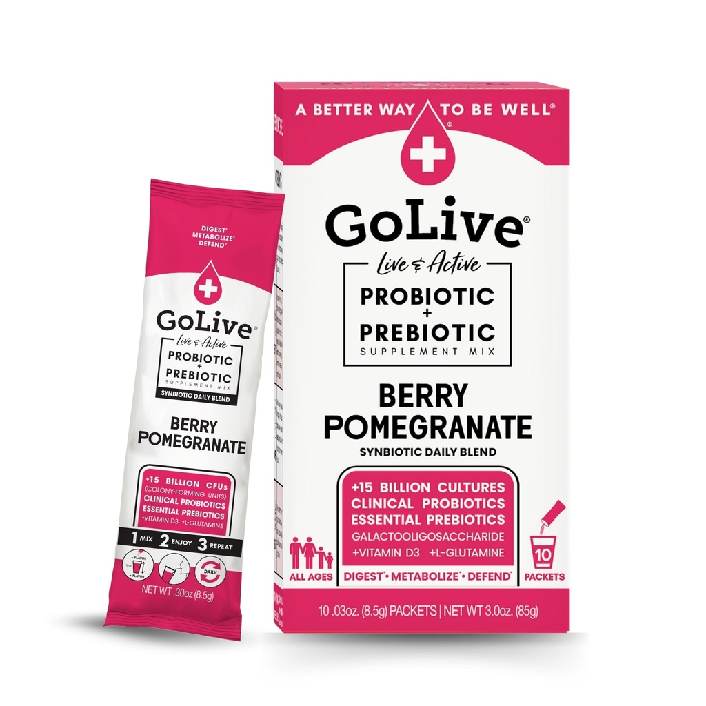 GoLive Prebiyotik ve Probiyotik for Women, Men, Kids. Berry Pomegranate Synbiyotik Toz w/ L-Glutamine, D3, Electrolytes. Gut Health için, Digestion, Metabolism, Immunity 15-50B CFUs.
