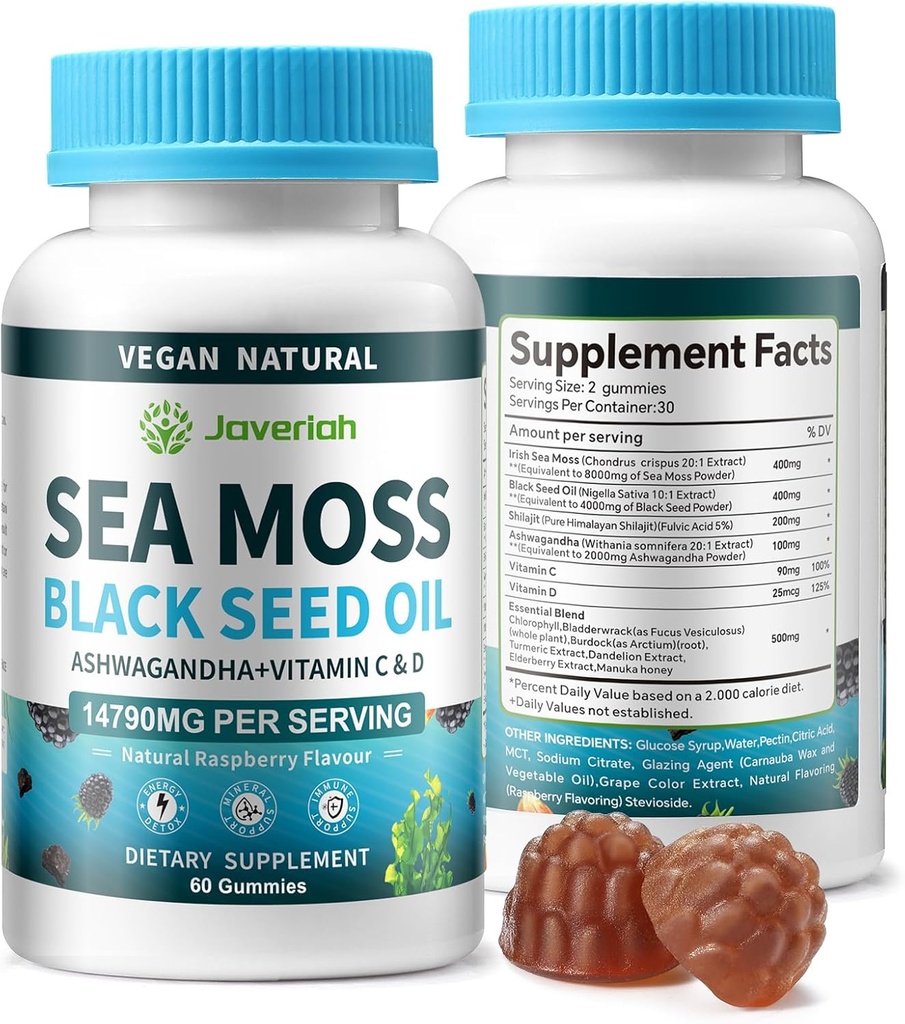 Vegan Ashwagandha Sea Moss Gummies - Μαύρο έλαιο σπόρων, βιταμίνη C&D για ανοσοποιητική υποστήριξη, Digestive, Αντιοξειδωτικό 13 σε 1 Bundle, Θάλασσα Moss Chlorophyl Advanced Formula 2Pack 120 Gummies