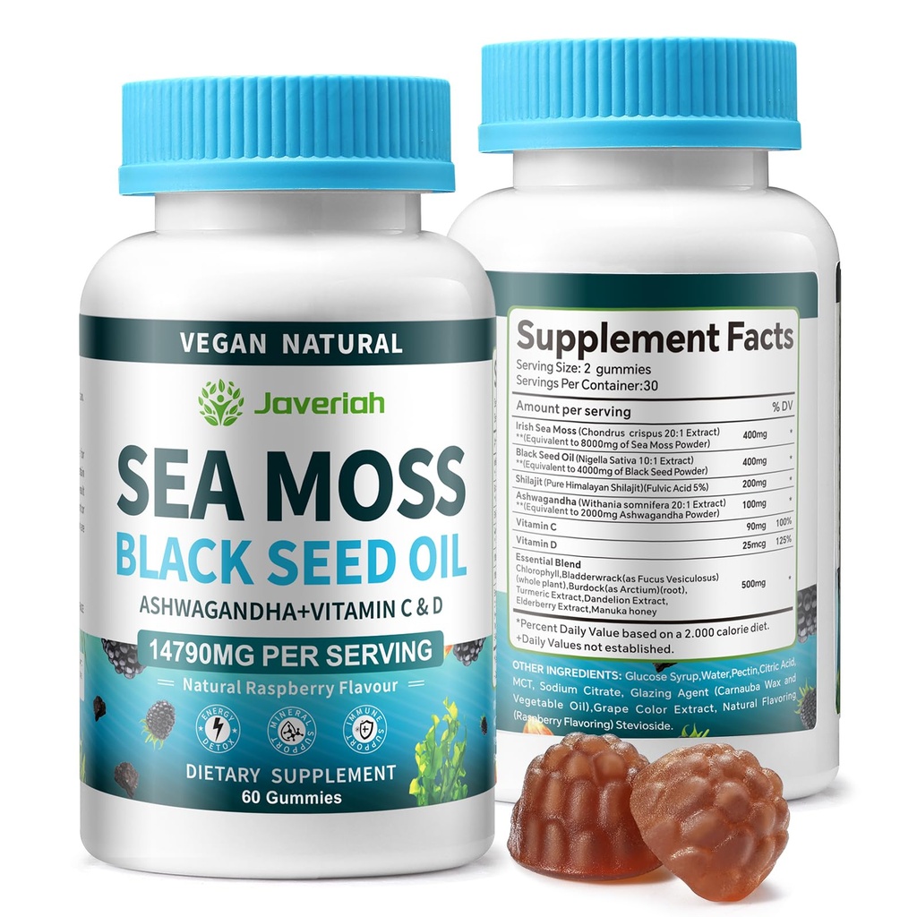 Vegan Ashwagandha Sea Moss Gummies - Μαύρο έλαιο σπόρων, βιταμίνη C&D για ανοσοποιητική υποστήριξη, Digestive, Αντιοξειδωτικό 13 σε 1 Bundle, Θάλασσα Moss Chlorophyl Advanced Formula 2Pack 120 Gummies