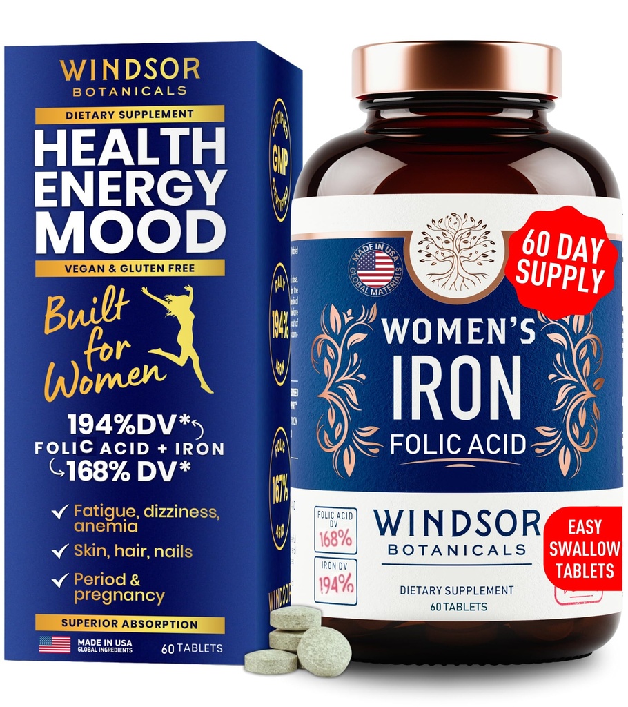Iron and Folic Acid Supplements for Women - 35mg Gentle Iron Vitamin, Folic Acid 400 Telefon - Anemi, Dönem, Hamile Destek Supplement, Ferrous Sulfate Pills - 60 Vegan Non-Constipating Tabletler
