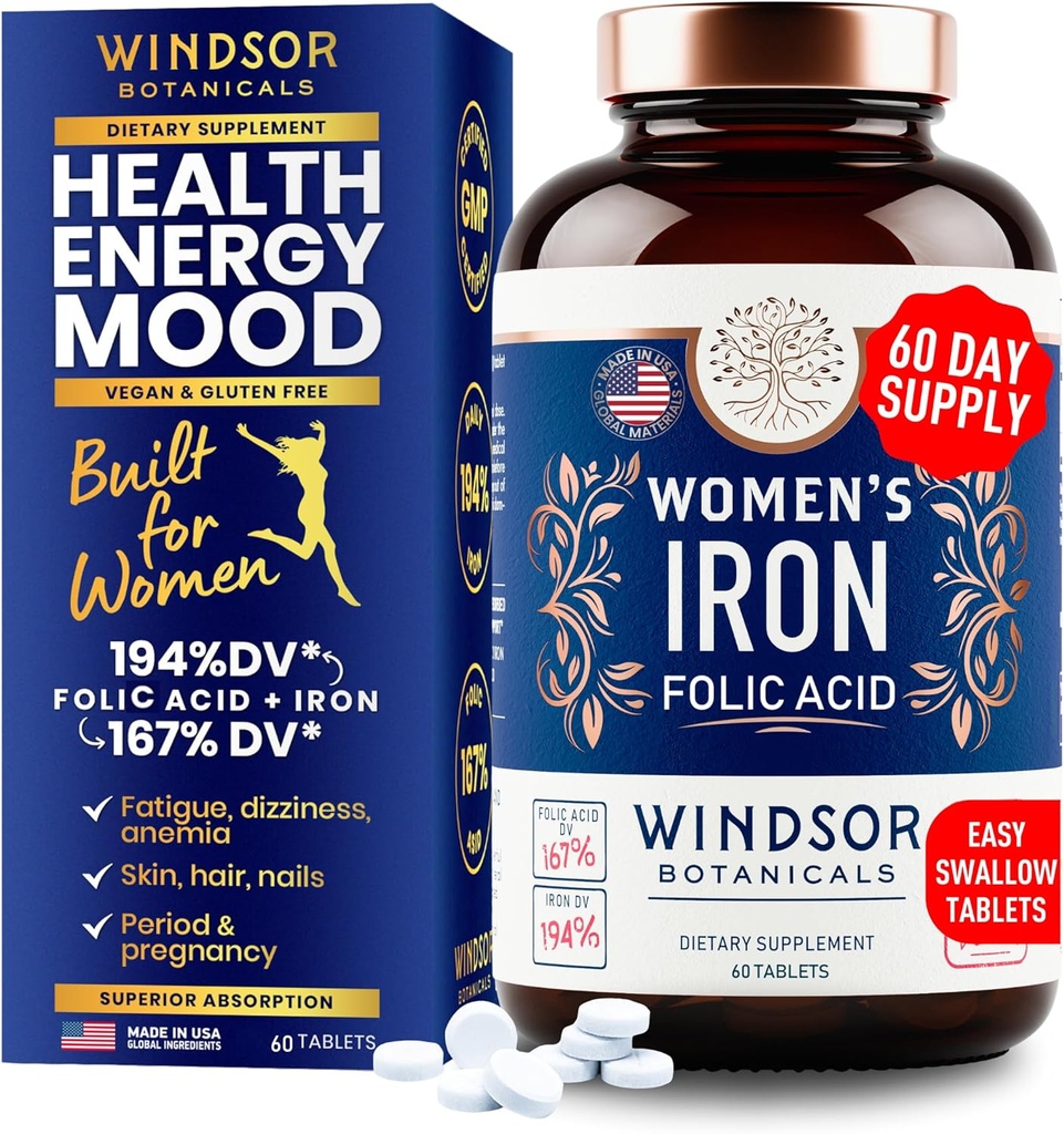 Iron and Folic Acid Supplements for Women - 35mg Gentle Iron Vitamin, Folic Acid 400 Telefon - Anemi, Dönem, Hamile Destek Supplement, Ferrous Sulfate Pills - 60 Vegan Non-Constipating Tabletler
