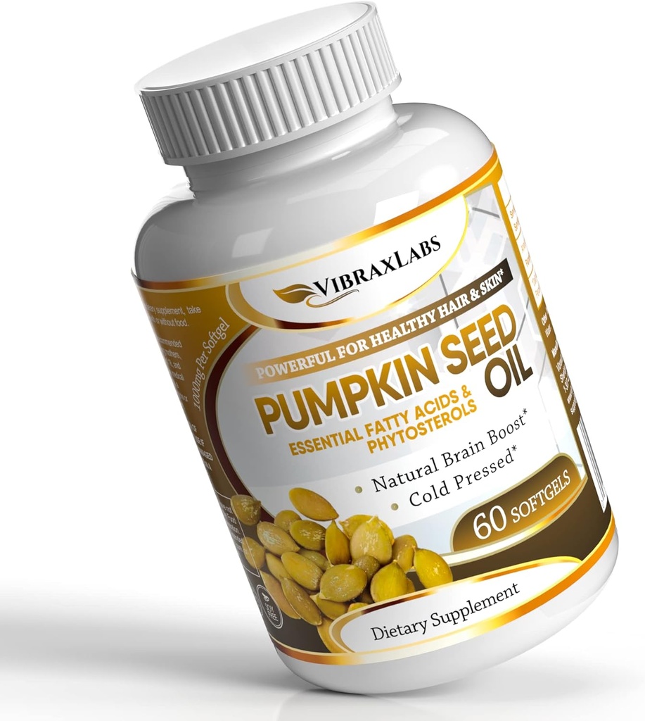 vibraxlabs Pumpkin Seed Oil - 100% Cold Pressed Pure 1000mg Extraction - Best for Hair Growth, Younger Looking Skin & Face, Bladder Control Supplement, 60 Softgels