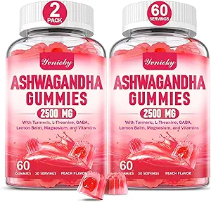 Kadınlar ve Erkekler için 2500 mg: Ashwagandha Supplement Gummy Ekstra Güçlü Turmeric, Vitamin D3, L-Theanine, Magnezyum - Tamamlanan Gummies, Strawberry Flavor, Vegan, Non-GMO