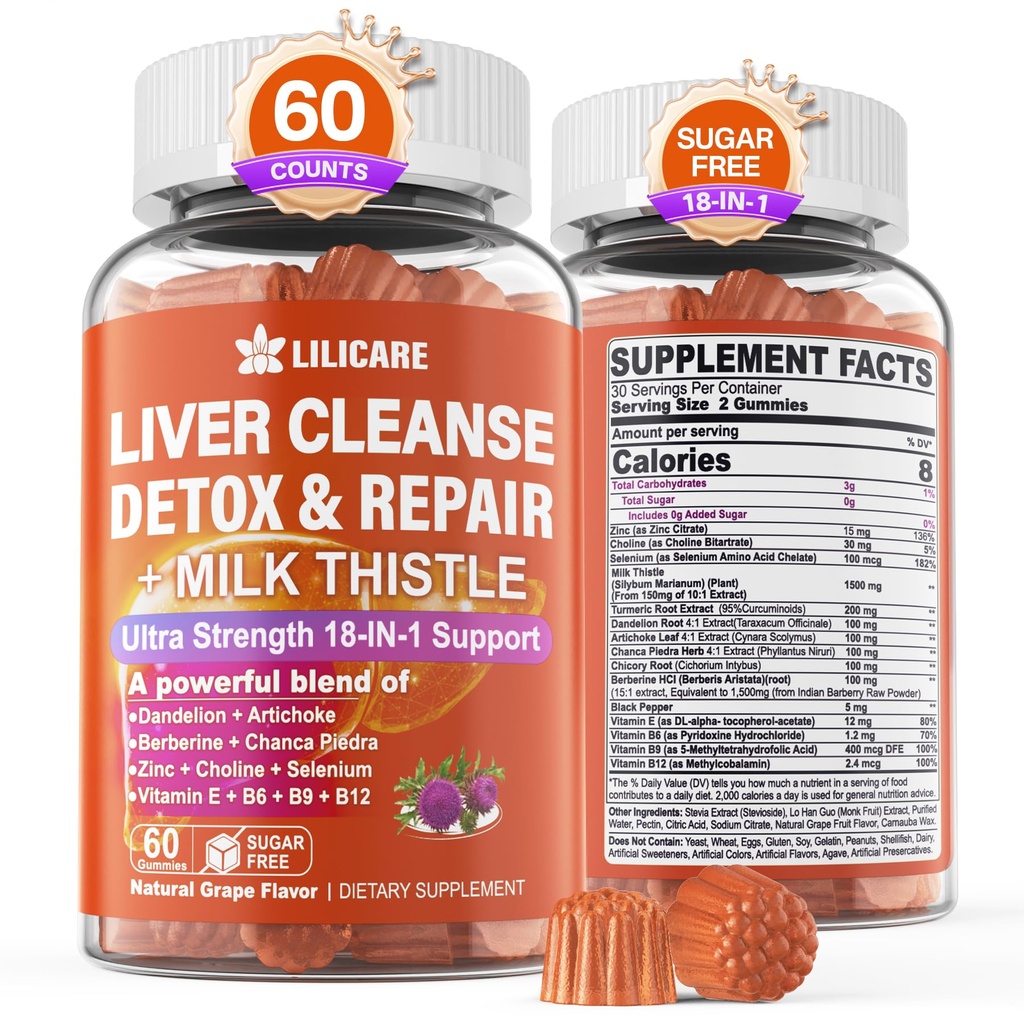1Pack Milk Butle Liver Detox Gummies, 18-in-1 Liver Cleanse Detox & Tamir Supplement with Berberine, Chicory Root, Turmeric, Artichoke, Dandelion Root, Chanca Piedra, B6 B12 - Sugar Free