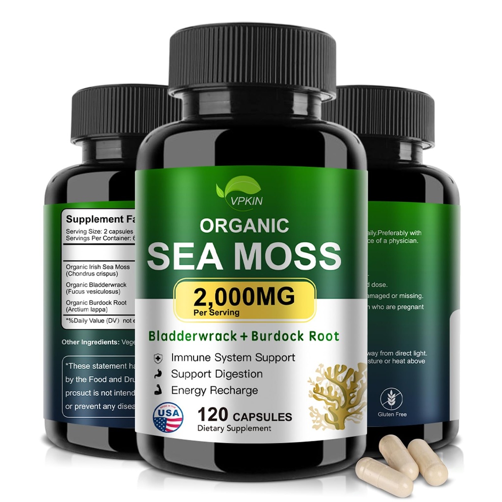 Santa Sea Moss Capsules with Bladderwrack,Burdock Root and Black Pepper Extract-Irish SeaMos Pills 2000 mg-Promotes Immune System,Thyroid Support (120 Capsules)