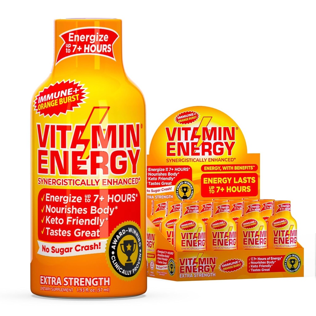 Βιταμίνη Ενέργεια Ανοσοποιητική+ Extra Strength Energy Shot – Πορτοκαλί Burst – 100% DV B-Vitamins & 260mg καφεΐνη – Μηδενικές θερμίδες, Χωρίς ζάχαρη, Vegan, – Ανοσία & Ενεργειακή Υποστήριξη – 1.93 fl oz, 12-Pack