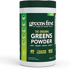 Greens First Original Greens Toz - 49 Superfoods - Organik Meyveler & Veggies - Prebiyotikler, Probiyotikler & Digestive Enzymes - Antioksidan - Süt Free, Vegan & Non-GMO (Mint, 60 Hizmet)