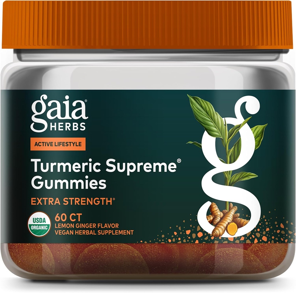 Gaia Herbs Turmeric Supreme Extra Strength Gummies - Υποστηρίζει την ανακούφιση για να βοηθήσει τη διατήρηση ενός ενεργού τρόπου ζωής - Lemon Ginger Γεύση - 60 Vegan Organic Gummies (20-Day Supply)