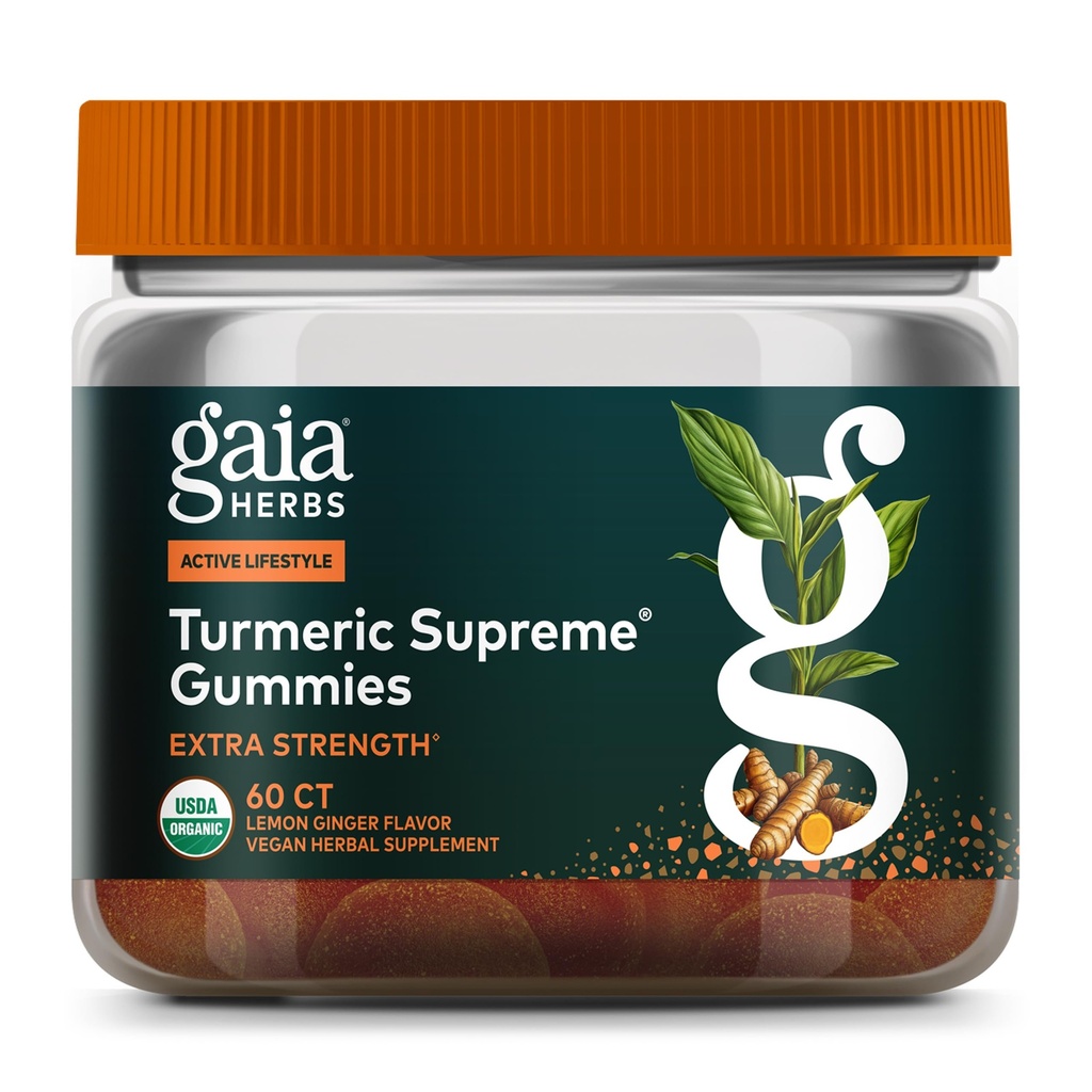 Gaia Herbs Turmeric Supreme Extra Strength Gummies - Active Lifestyle - Lemon Ginger Flavor - 60 Vegan Organik Gummies (20-Day Supply)