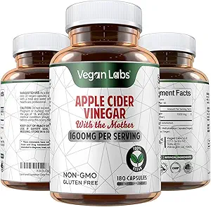 Vegan Laboratuvarlar Apple Cider Vinegar Capsules with The Mother- 180 Vegan Capsules, 1600MG Per Is-% 100 Natural ACV Pills- Supports Health Digestion, Keto, Kilo Management, Detox ve Immune System