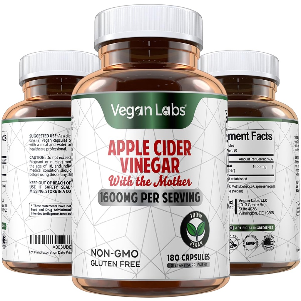Vegan Laboratuvarlar Apple Cider Vinegar Capsules with The Mother- 180 Vegan Capsules, 1600MG Per Is-% 100 Natural ACV Pills- Supports Health Digestion, Keto, Kilo Management, Detox ve Immune System