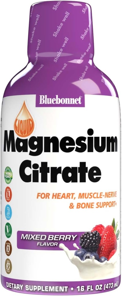Bluebonnet Beslenme Magnezyum Citrate 420 mg - Calm Mind & Body* - Kalp, Kas & Sleep* - Non-GMO, Vegan, Kosher, Gluten-Free, Soy-Free, Milk-Free - 16 FL OZ, Karma Berry Flavor