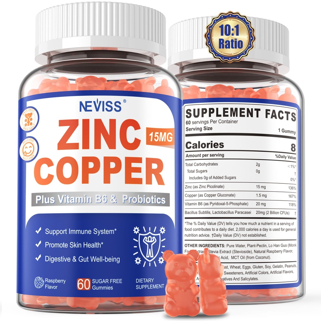 Bakır + Probiyotikler, Max Abhidrasyon için B6 Vitamini, Erkekler ve Kadınlar için çinko Supplements, İki Temel Mineraller Immunity ve Gut Health için Formula, Non-GMO, 120 Cts