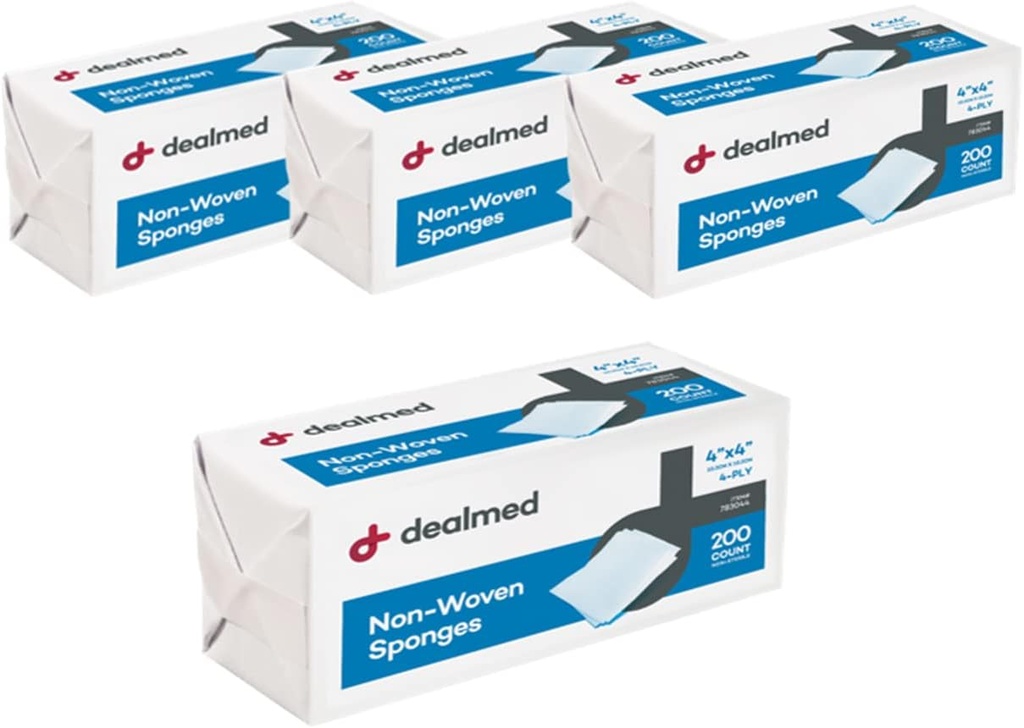 Dealmed Non-Woven Gauze Σφουγγάρια - 4-Ply, 4" x 4" All-Purpose Μη-Sterile Απορροφητικό Οδοντιατρικό Gauze Φροντίδα Πληγών για το Κιτ Πρώτων Βοηθειών / Ιατρικές Εγκαταστάσεις, 200 Count (Pack of 4)