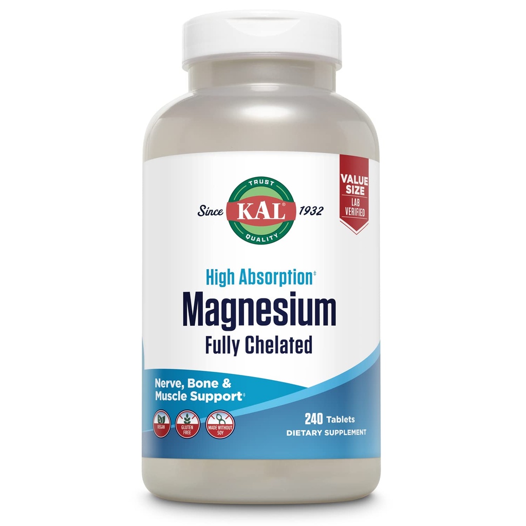 KAL Glycinate Tabletler, Tam Chelated, Yüksek Abhidrasyon Formula ile Magnezyum Bisglycinate Chelate, Muscle & Bone Health Support, Vegan, Gluten Free, Value Boyut, 240 Tabletler