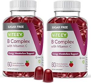 VITEEY Vitamin C, Sugar Free - Energy, Metabolism & Nerve Health - B6, B12, Folic Acid, Biotin - Vegan, Gelatin Free, GMO Free - Tasty Chewable Strawberry Flavored Gummy
