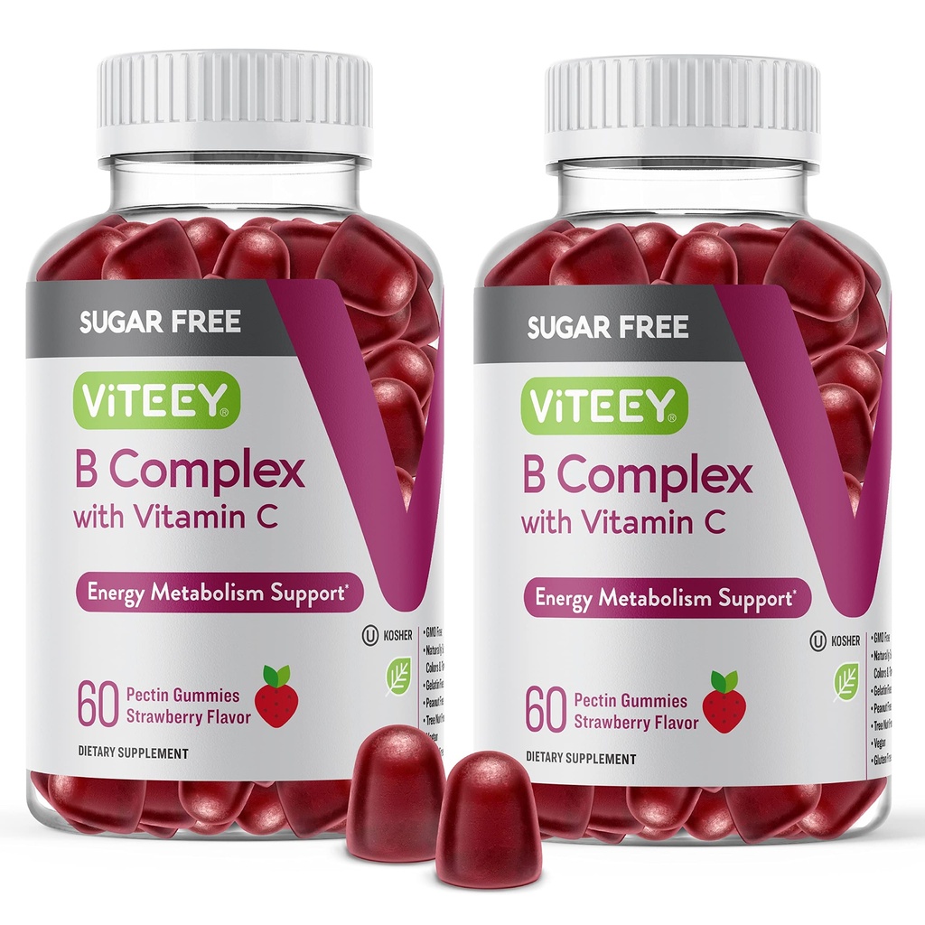 VITEEY Vitamin C, Sugar Free - Energy, Metabolism & Nerve Health - B6, B12, Folic Acid, Biotin - Vegan, Gelatin Free, GMO Free - Tasty Chewable Strawberry Flavored Gummy