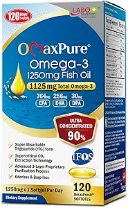LABO Beslenme OmaxPure Omega3 Fish Oil - 1125 mg Omega 3 IFOS sertifikalı - DHA & EPA ile Yüksek Potency rTG Omega Fish Oil Supplement - 120 Softgels